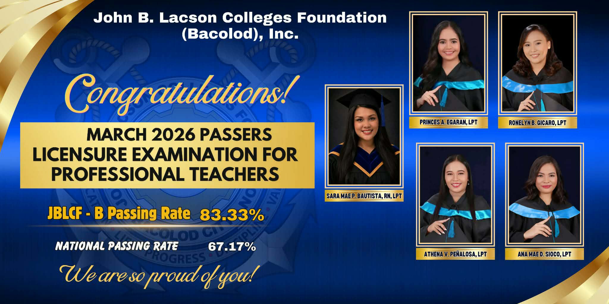 JBLCF- Bacolod BTLED Graduates Pass the March 2026 LET