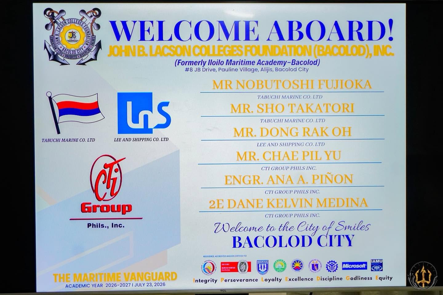 JBLCF–Bacolod proudly welcomes our esteemed representatives from CTI Group Phils., Inc., Tabuchi Marine Co. Ltd., and Lee and Shipping Co. Ltd. for the CTI Cadet Selection and Company Visit.